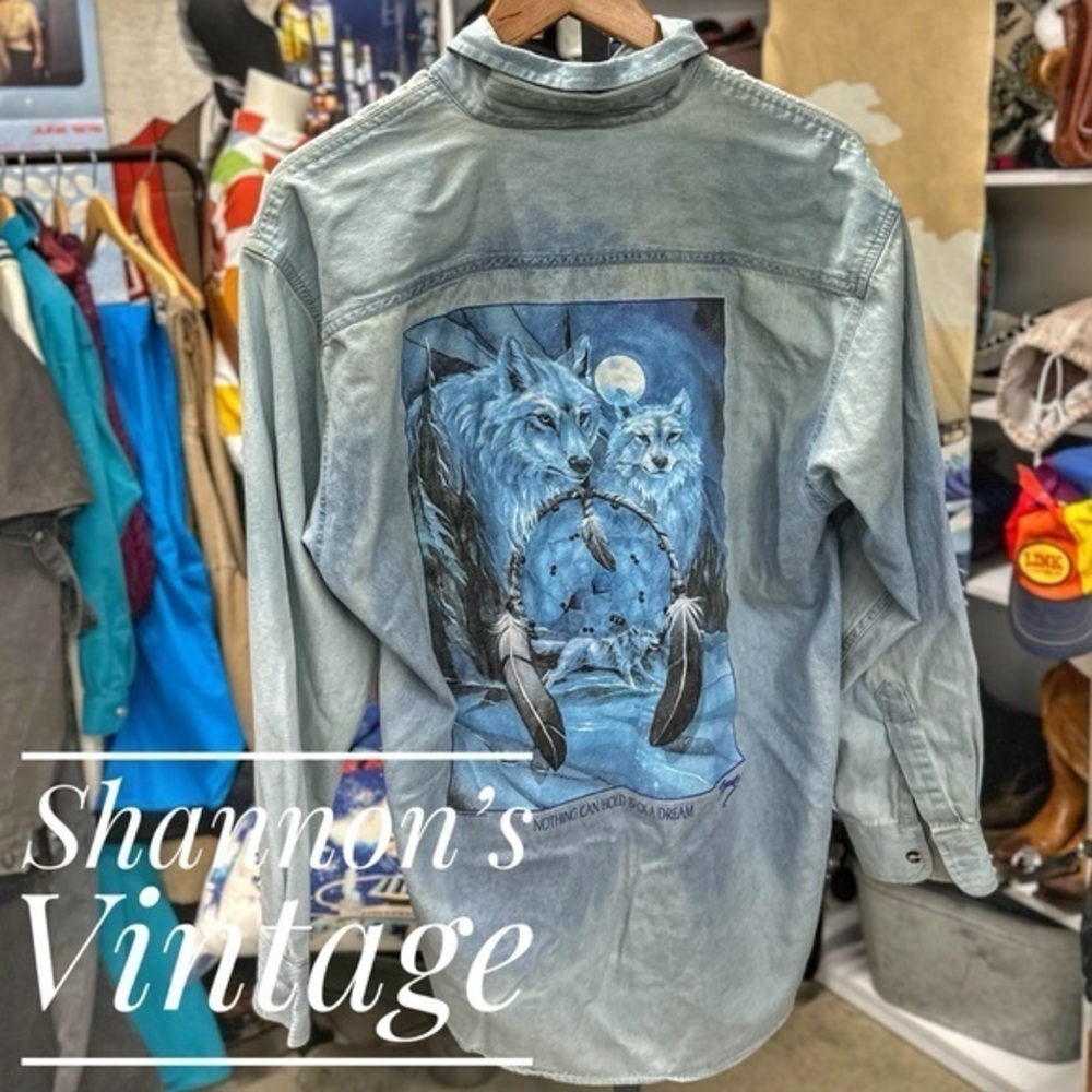 Port & Co Lake Tahoe Y2K sz large wolves graphic denim shirt A12